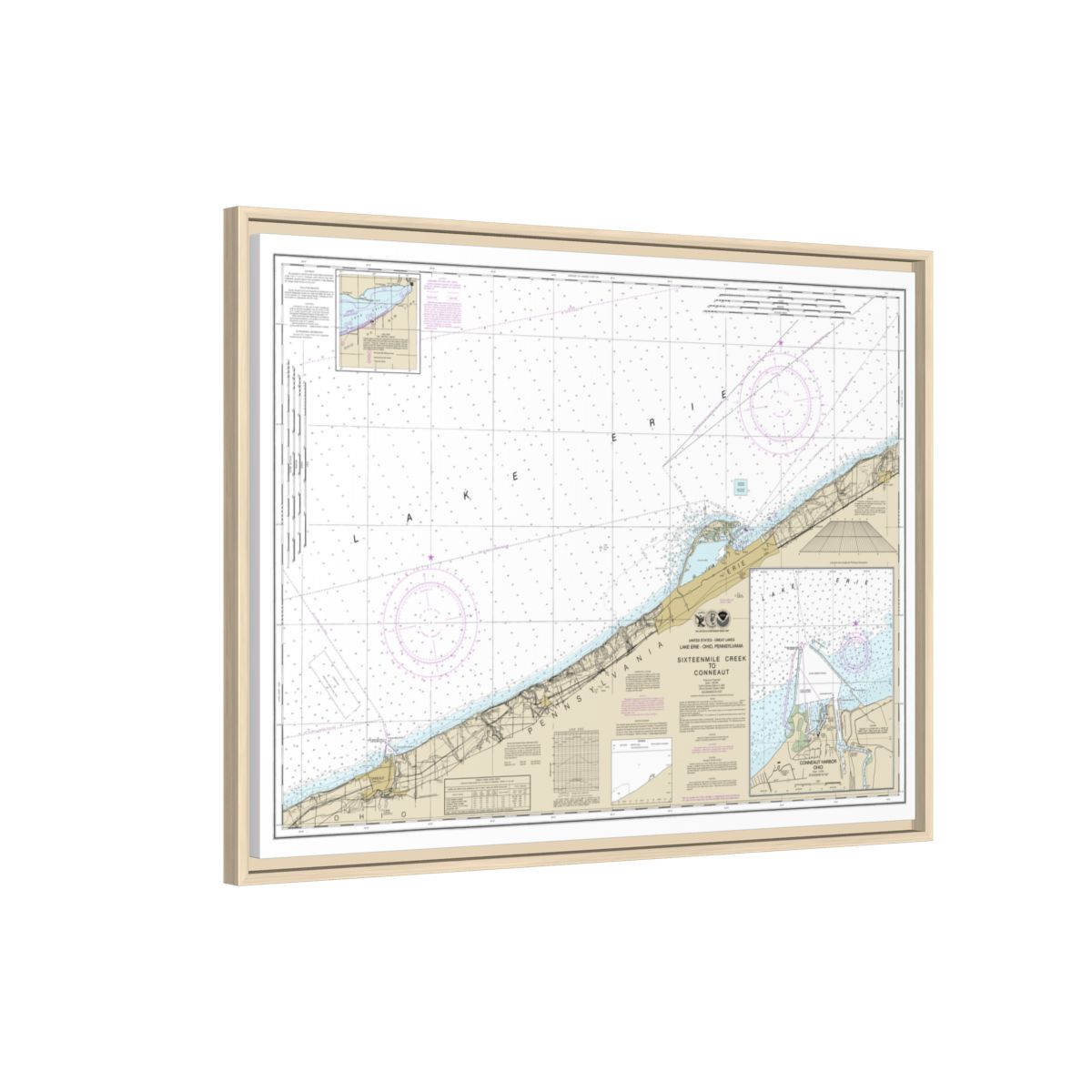 Chart 14824 Sixteenmile Creek to Conneaut;Conneaut Harbor - NOAA Nautical Chart Floating Frame Canvas | 32" x 24" | 40" x 30" - Natural side