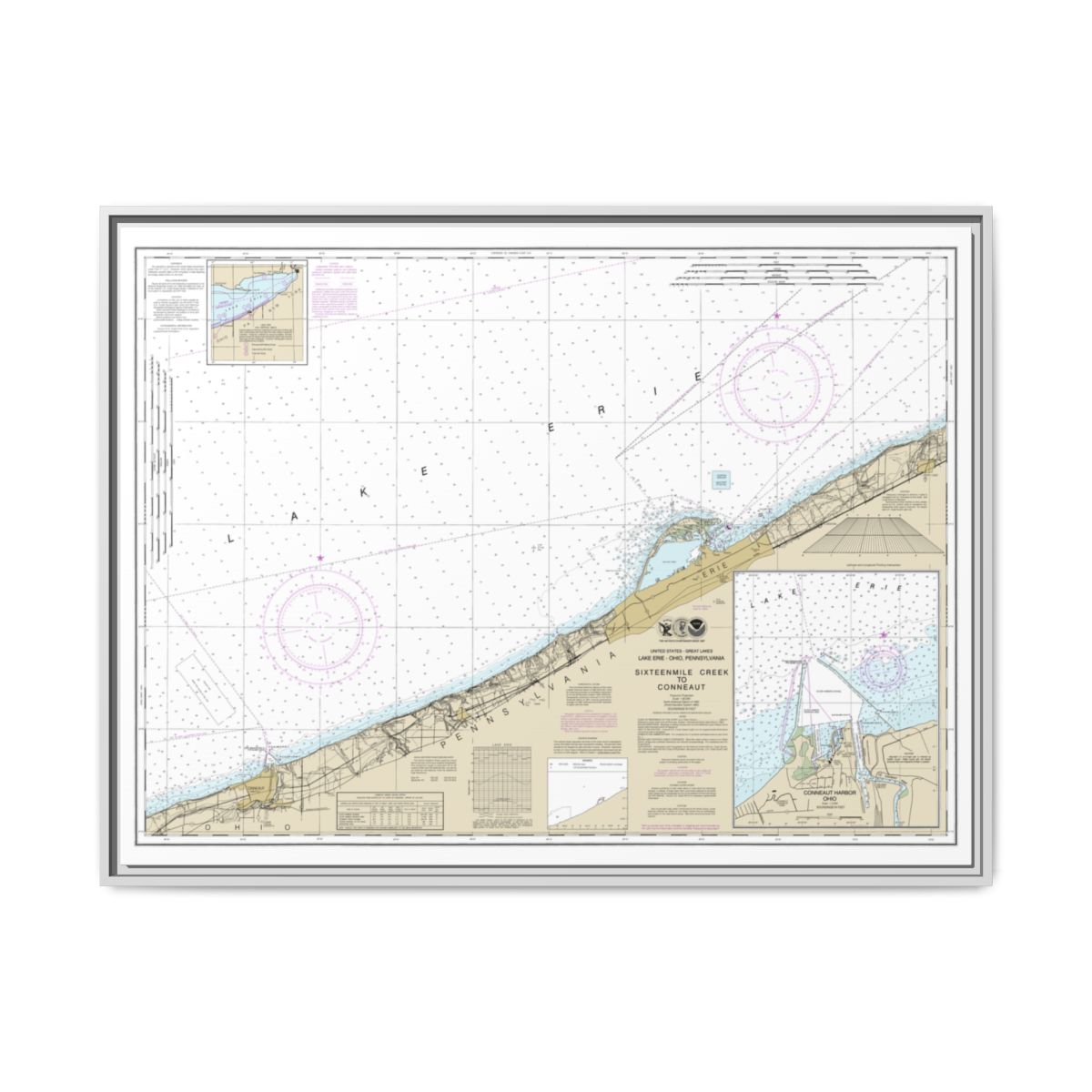 Chart 14824 Sixteenmile Creek to Conneaut;Conneaut Harbor - NOAA Nautical Chart Floating Frame Canvas | 32" x 24" | 40" x 30" - White front