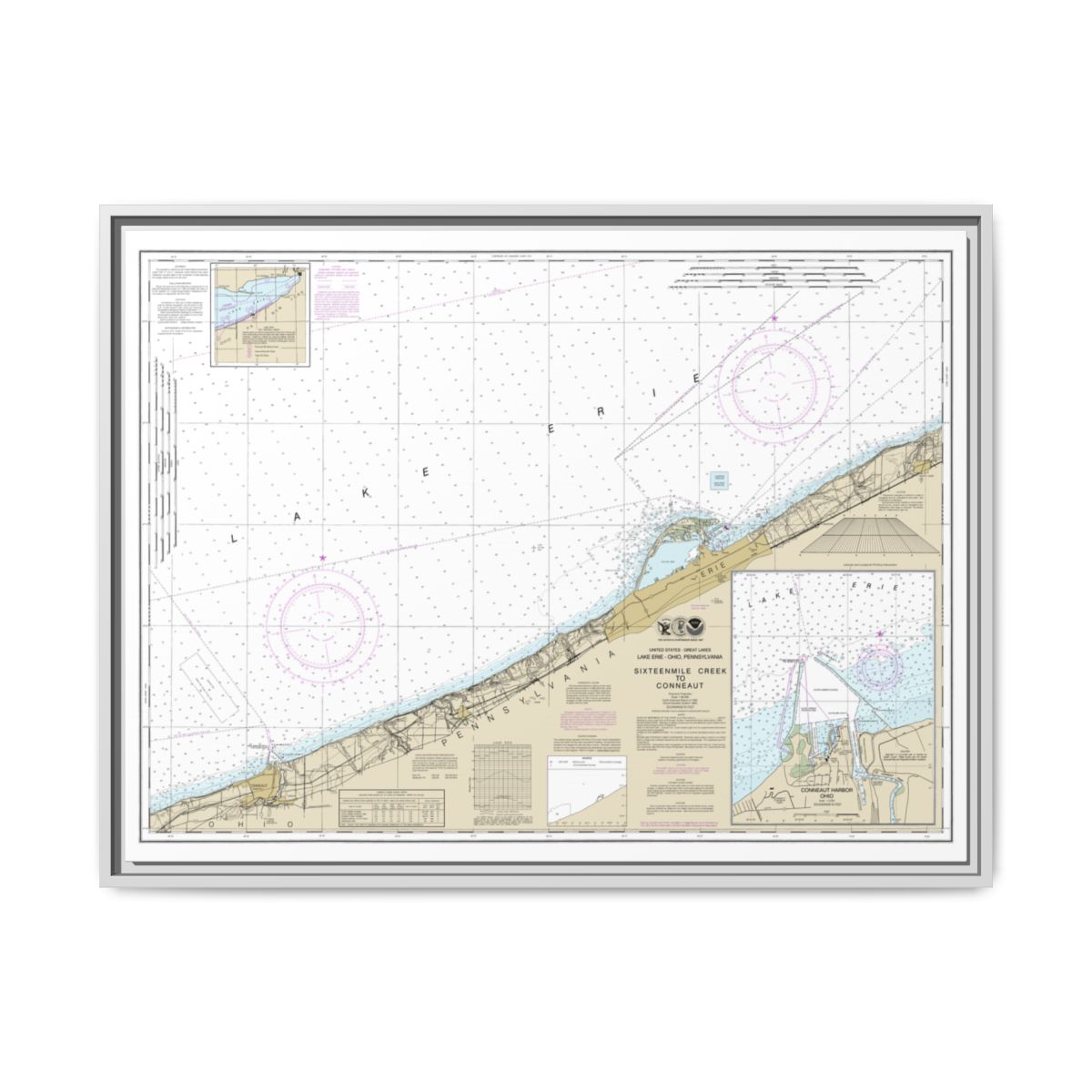 Chart 14824 Sixteenmile Creek to Conneaut;Conneaut Harbor - NOAA Nautical Chart Floating Frame Canvas | 32" x 24" | 40" x 30" - White front