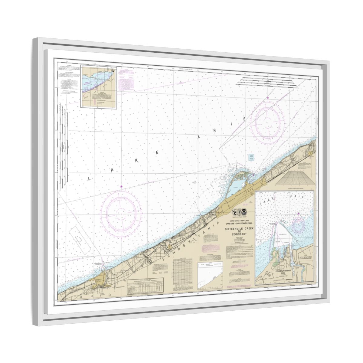 Chart 14824 Sixteenmile Creek to Conneaut;Conneaut Harbor - NOAA Nautical Chart Floating Frame Canvas | 32" x 24" | 40" x 30" - White side