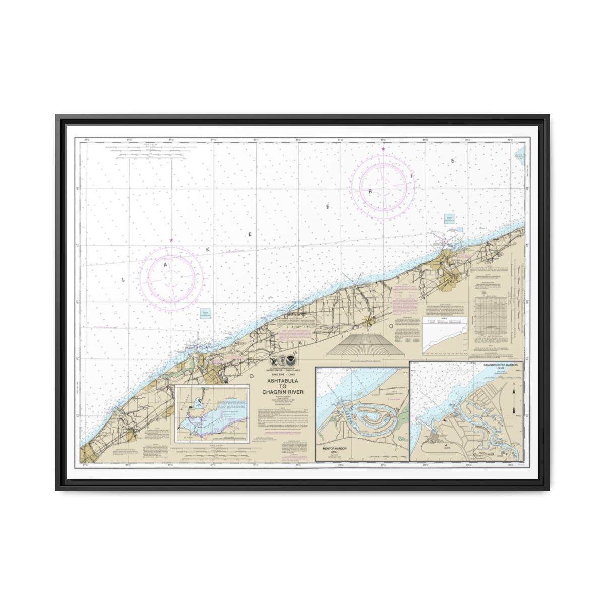 Chart 14825 Ashtabula to Chagrin River;Mentor Harbor;Chagrin River - NOAA Nautical Chart Floating Frame Canvas | 32" x 24" | 40" x 30" - Black front