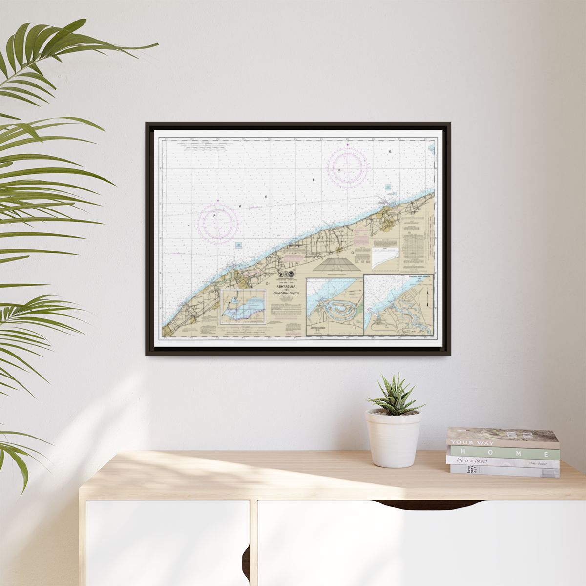 Chart 14825 Ashtabula to Chagrin River;Mentor Harbor;Chagrin River - NOAA Nautical Chart Floating Frame Canvas | 32" x 24" | 40" x 30" - Espresso context-1