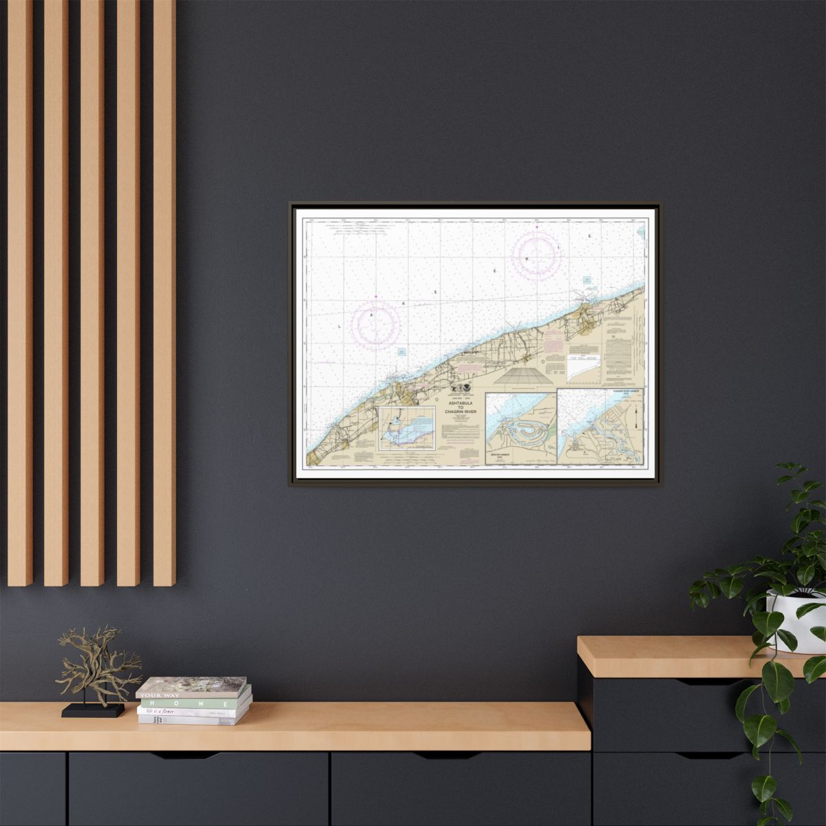Chart 14825 Ashtabula to Chagrin River;Mentor Harbor;Chagrin River - NOAA Nautical Chart Floating Frame Canvas | 32" x 24" | 40" x 30" - Espresso context-2