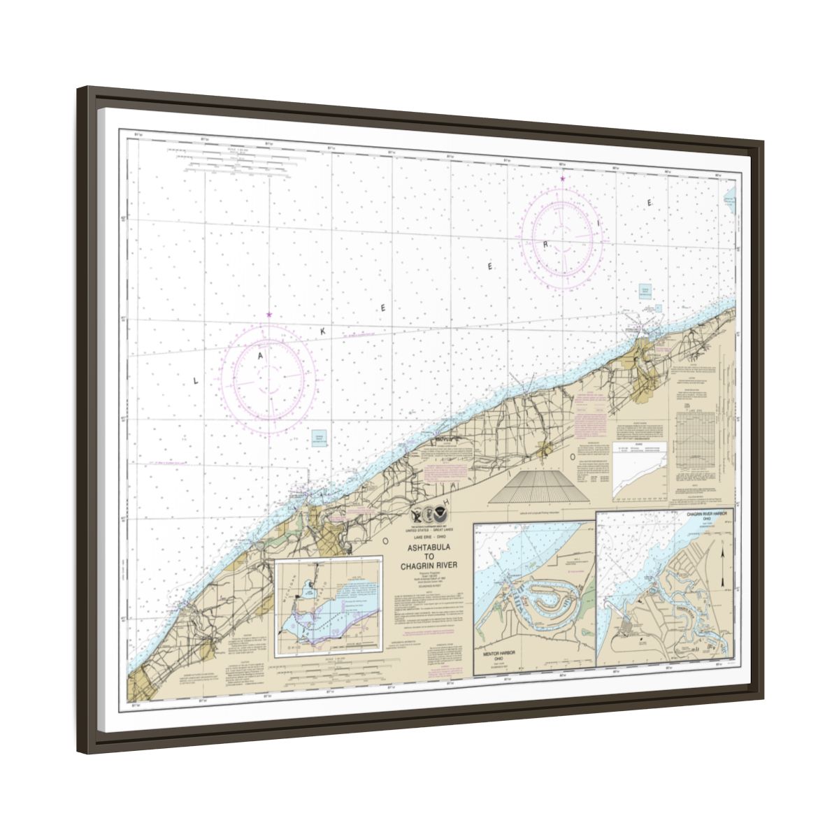Chart 14825 Ashtabula to Chagrin River;Mentor Harbor;Chagrin River - NOAA Nautical Chart Floating Frame Canvas | 32" x 24" | 40" x 30" - Espresso side