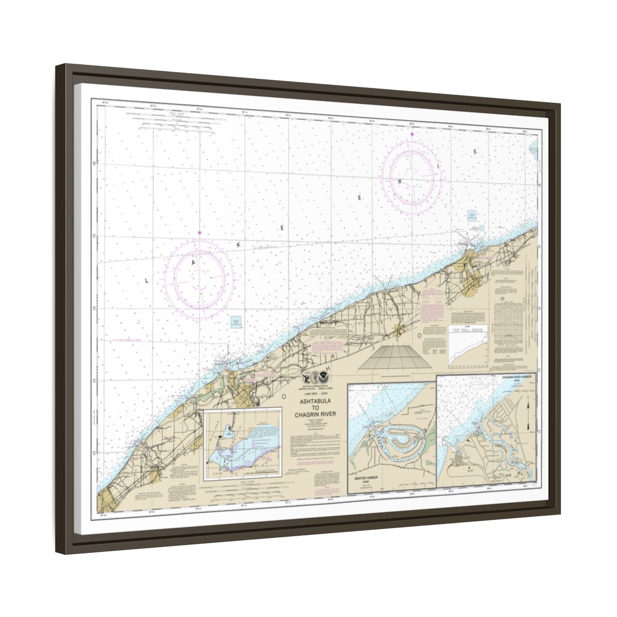 Chart 14825 Ashtabula to Chagrin River;Mentor Harbor;Chagrin River - NOAA Nautical Chart Floating Frame Canvas | 32" x 24" | 40" x 30" - Espresso side