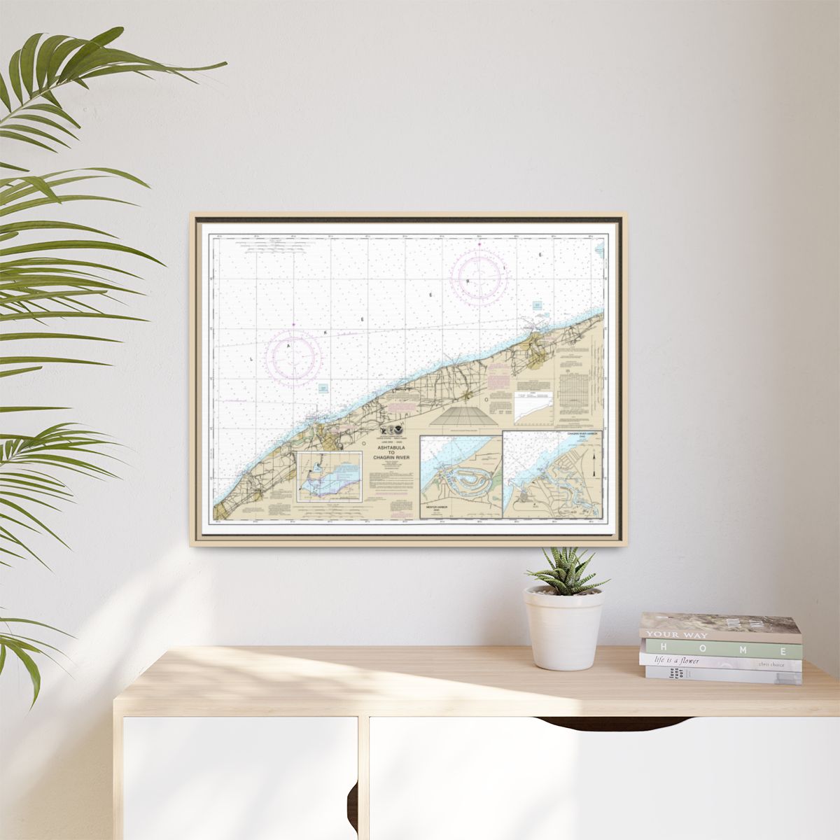 Chart 14825 Ashtabula to Chagrin River;Mentor Harbor;Chagrin River - NOAA Nautical Chart Floating Frame Canvas | 32" x 24" | 40" x 30" - Natural context-1