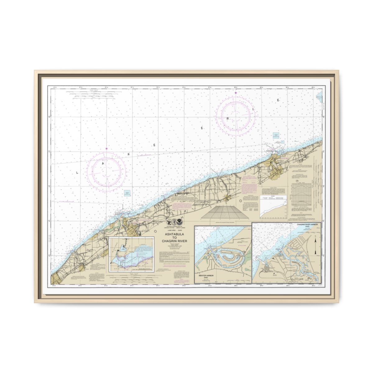 Chart 14825 Ashtabula to Chagrin River;Mentor Harbor;Chagrin River - NOAA Nautical Chart Floating Frame Canvas | 32" x 24" | 40" x 30" - Natural front