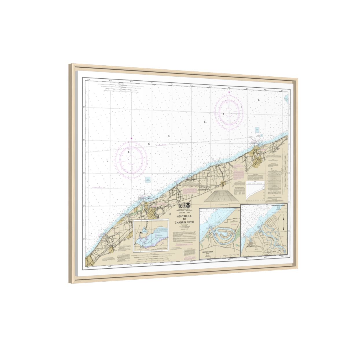 Chart 14825 Ashtabula to Chagrin River;Mentor Harbor;Chagrin River - NOAA Nautical Chart Floating Frame Canvas | 32" x 24" | 40" x 30" - Natural side