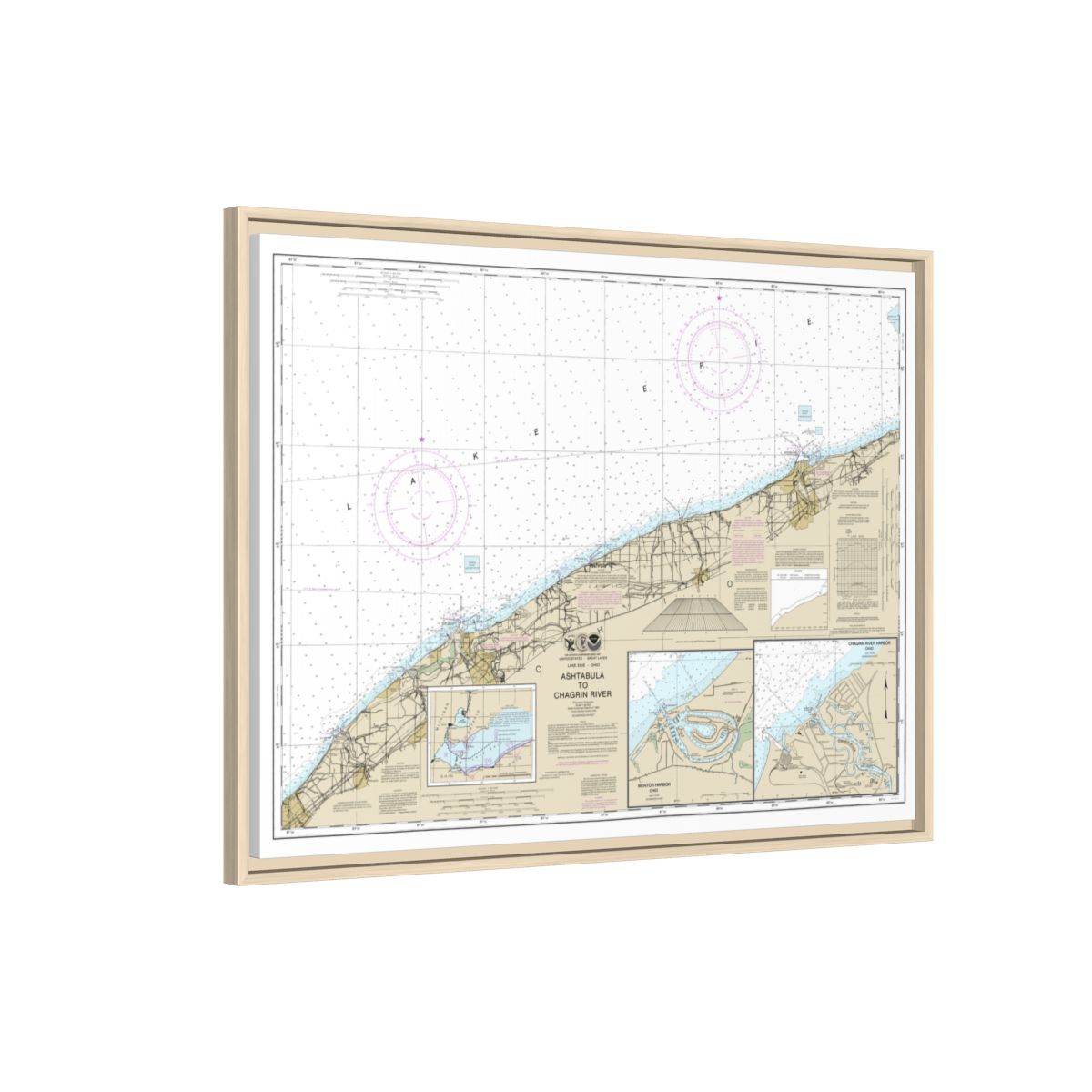 Chart 14825 Ashtabula to Chagrin River;Mentor Harbor;Chagrin River - NOAA Nautical Chart Floating Frame Canvas | 32" x 24" | 40" x 30" - Natural side