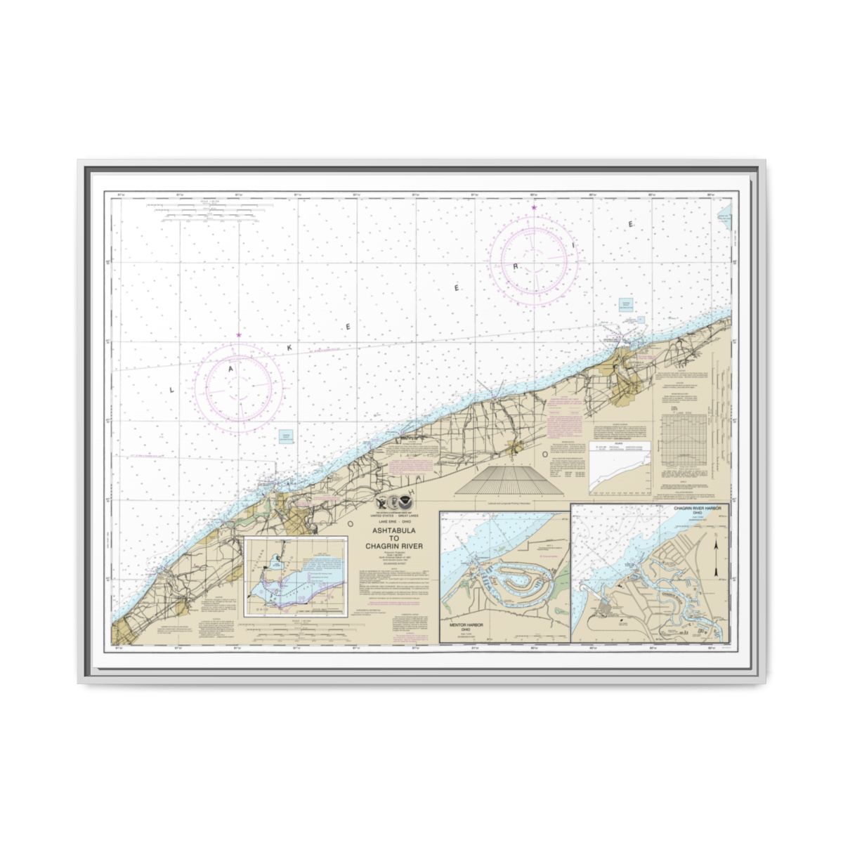 Chart 14825 Ashtabula to Chagrin River;Mentor Harbor;Chagrin River - NOAA Nautical Chart Floating Frame Canvas | 32" x 24" | 40" x 30" - White front