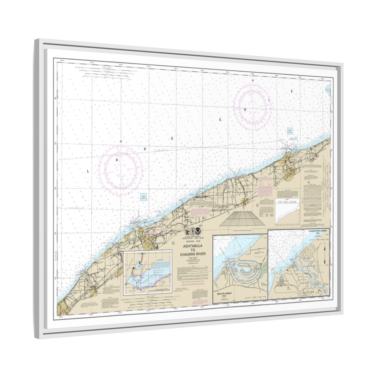 Chart 14825 Ashtabula to Chagrin River;Mentor Harbor;Chagrin River - NOAA Nautical Chart Floating Frame Canvas | 32" x 24" | 40" x 30" - White side