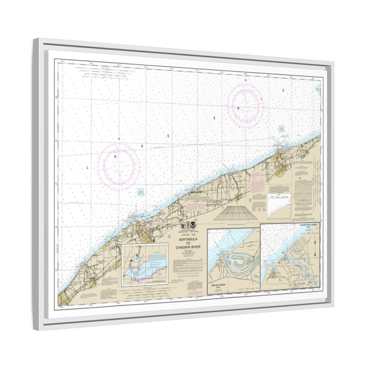 Chart 14825 Ashtabula to Chagrin River;Mentor Harbor;Chagrin River - NOAA Nautical Chart Floating Frame Canvas | 32" x 24" | 40" x 30" - White side