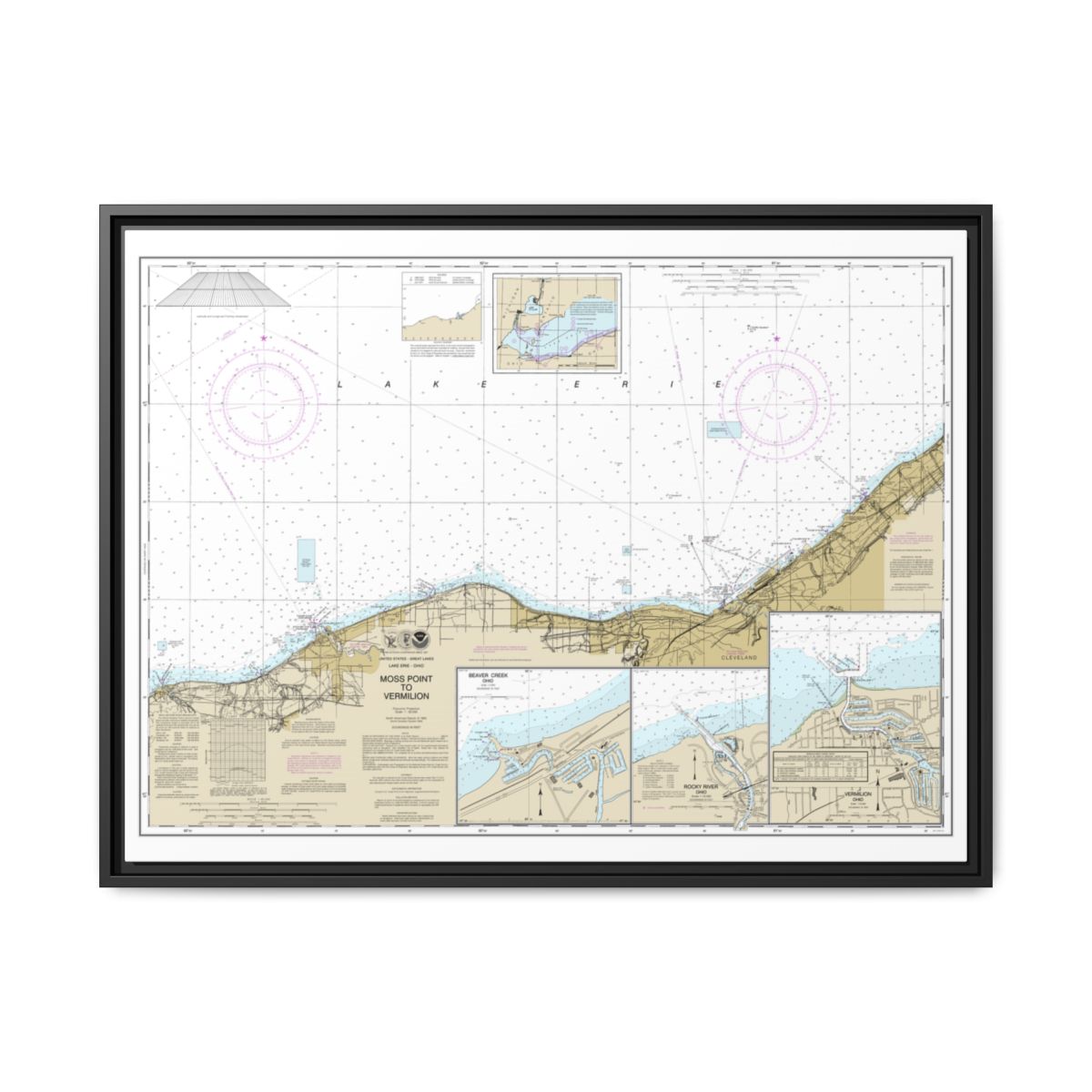 Chart 14826 Moss Point to Vermilion;Beaver Creek;Vermilion Harbor;Rocky River - NOAA Nautical Chart Floating Frame Canvas | 32" x 24" | 40" x 30" - Black front