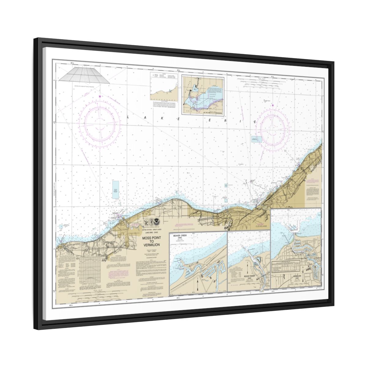 Chart 14826 Moss Point to Vermilion;Beaver Creek;Vermilion Harbor;Rocky River - NOAA Nautical Chart Floating Frame Canvas | 32" x 24" | 40" x 30" - Black side