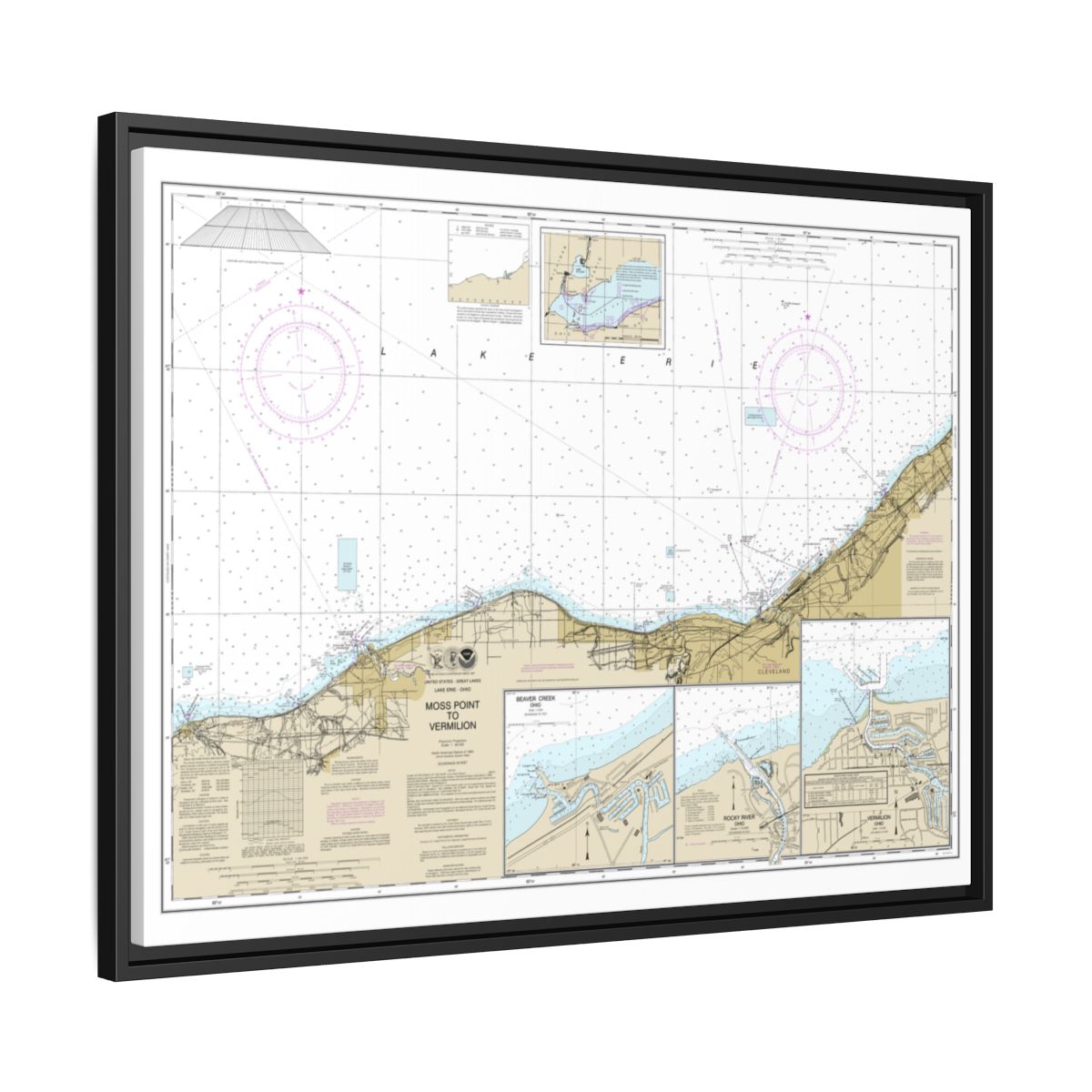 Chart 14826 Moss Point to Vermilion;Beaver Creek;Vermilion Harbor;Rocky River - NOAA Nautical Chart Floating Frame Canvas | 32" x 24" | 40" x 30" - Black side