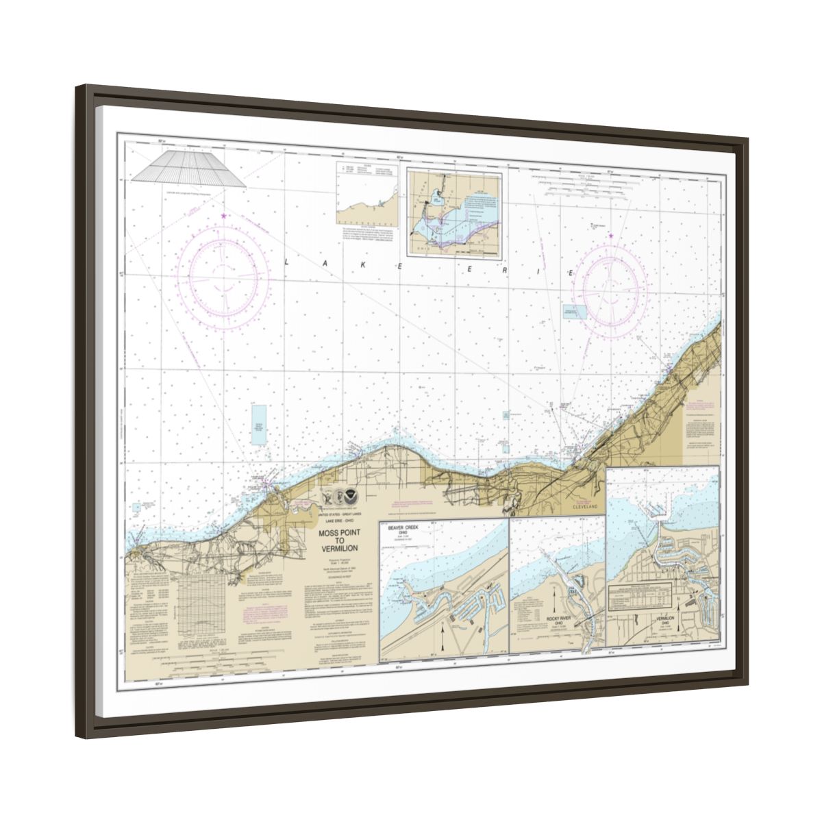 Chart 14826 Moss Point to Vermilion;Beaver Creek;Vermilion Harbor;Rocky River - NOAA Nautical Chart Floating Frame Canvas | 32" x 24" | 40" x 30" - Espresso side