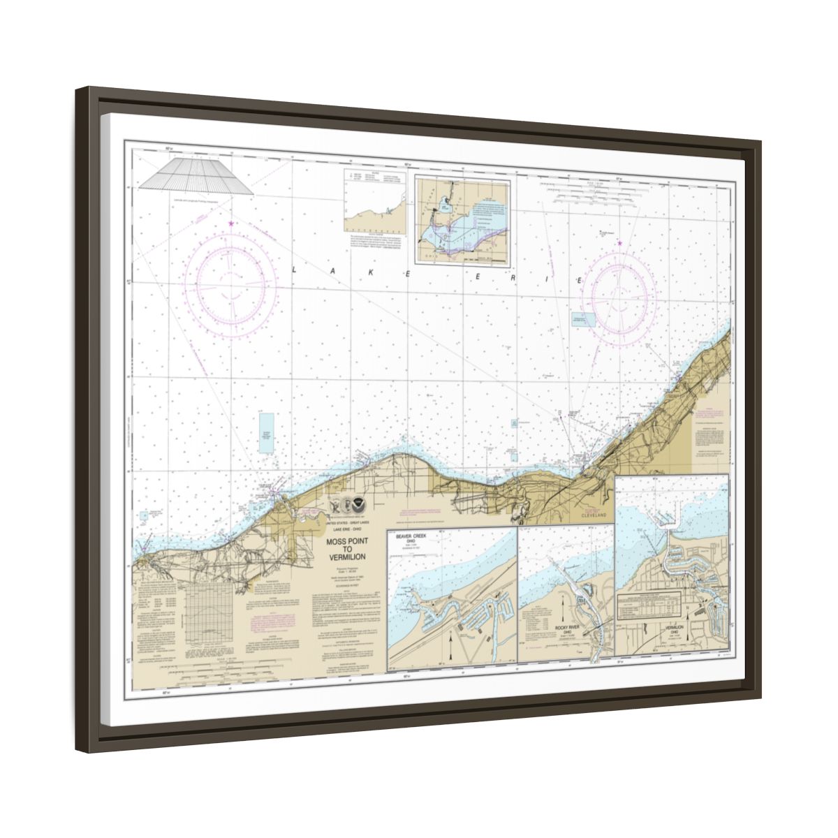 Chart 14826 Moss Point to Vermilion;Beaver Creek;Vermilion Harbor;Rocky River - NOAA Nautical Chart Floating Frame Canvas | 32" x 24" | 40" x 30" - Espresso side