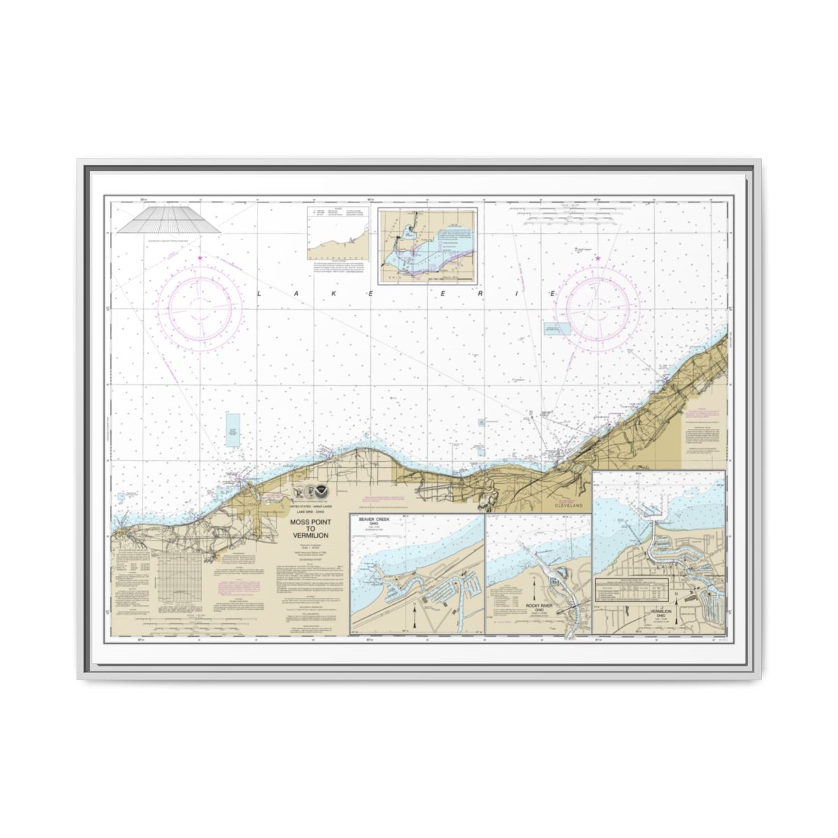Chart 14826 Moss Point to Vermilion;Beaver Creek;Vermilion Harbor;Rocky River - NOAA Nautical Chart Floating Frame Canvas | 32" x 24" | 40" x 30" - White front