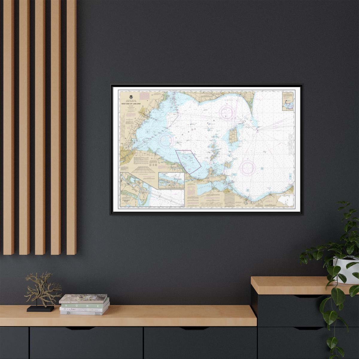Chart 14830 West End of Lake Erie; Port Clinton Harbor; Monroe Harbor; Lorain to Detroit River; Vermilion - NOAA Nautical Chart Floating Frame Canvas | 30" x 20" | 36" x 24" | 48" x 32" - Black context-2