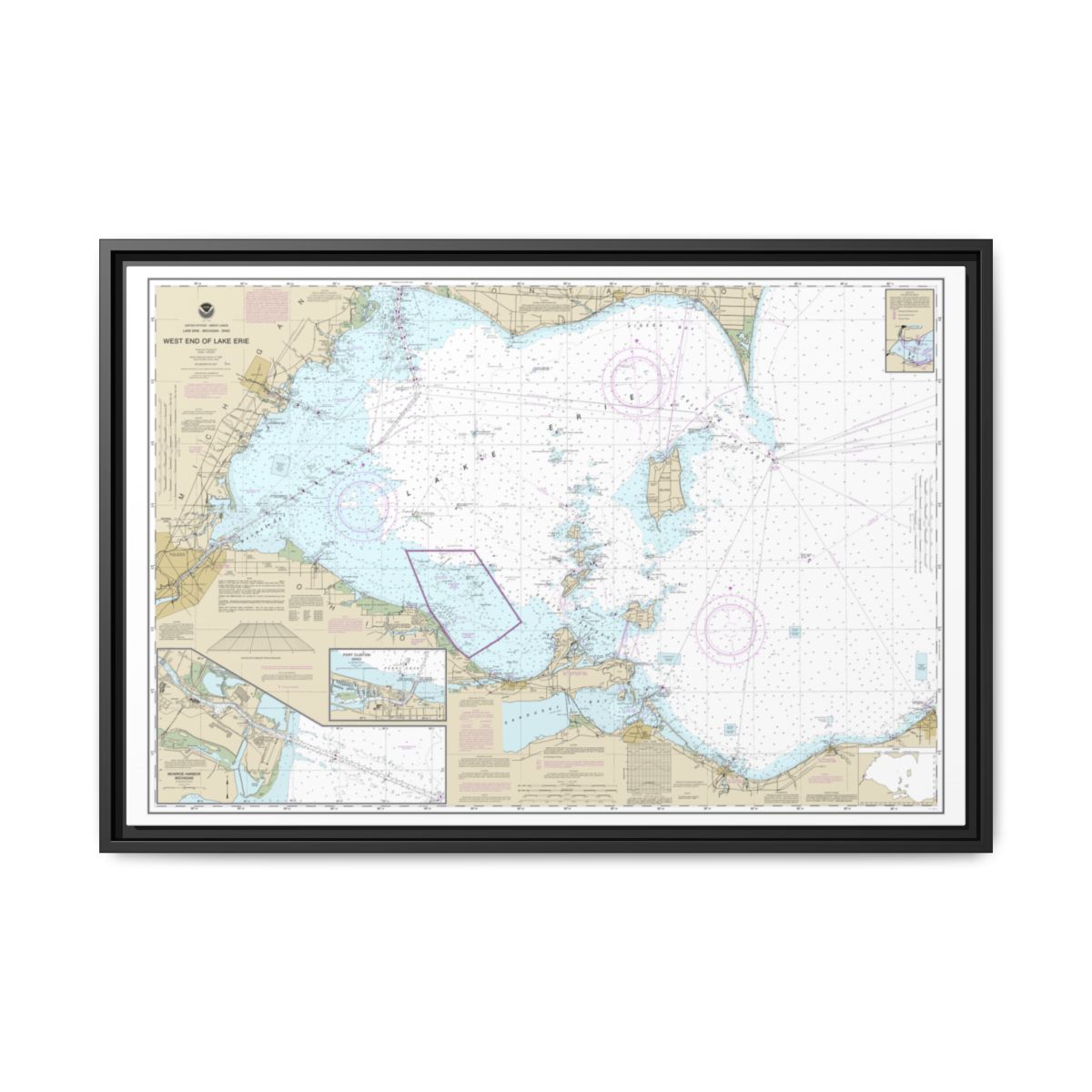 Chart 14830 West End of Lake Erie; Port Clinton Harbor; Monroe Harbor; Lorain to Detroit River; Vermilion - NOAA Nautical Chart Floating Frame Canvas | 30" x 20" | 36" x 24" | 48" x 32" - Black front