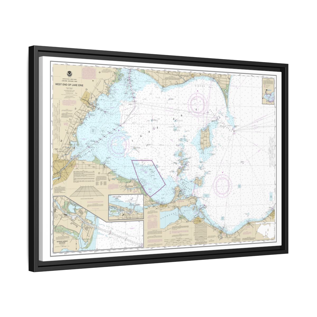 Chart 14830 West End of Lake Erie; Port Clinton Harbor; Monroe Harbor; Lorain to Detroit River; Vermilion - NOAA Nautical Chart Floating Frame Canvas | 30" x 20" | 36" x 24" | 48" x 32" - Black side
