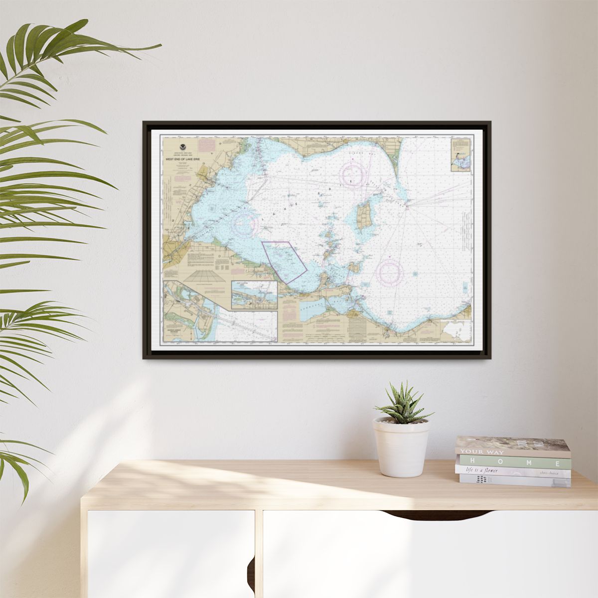 Chart 14830 West End of Lake Erie; Port Clinton Harbor; Monroe Harbor; Lorain to Detroit River; Vermilion - NOAA Nautical Chart Floating Frame Canvas | 30" x 20" | 36" x 24" | 48" x 32" - Espresso context-1