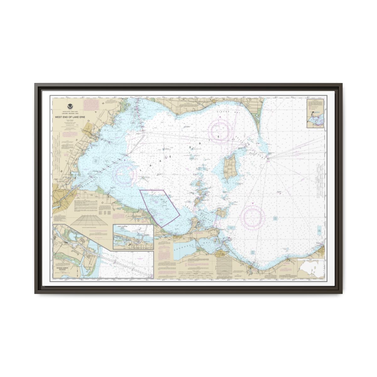 Chart 14830 West End of Lake Erie; Port Clinton Harbor; Monroe Harbor; Lorain to Detroit River; Vermilion - NOAA Nautical Chart Floating Frame Canvas | 30" x 20" | 36" x 24" | 48" x 32" - Espresso front