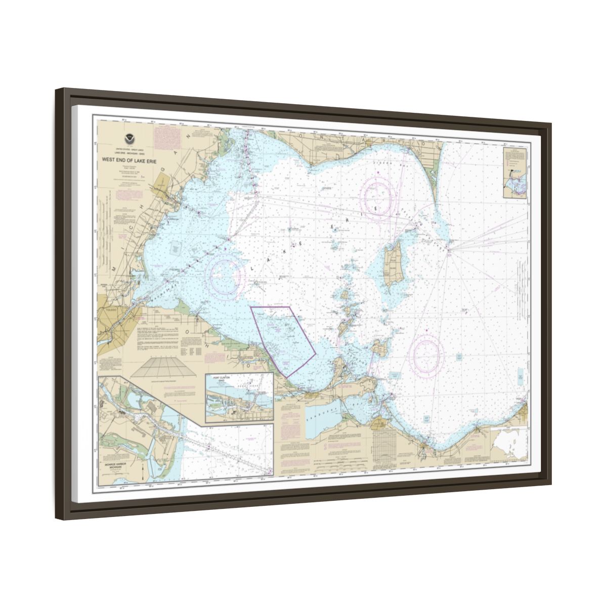 Chart 14830 West End of Lake Erie; Port Clinton Harbor; Monroe Harbor; Lorain to Detroit River; Vermilion - NOAA Nautical Chart Floating Frame Canvas | 30" x 20" | 36" x 24" | 48" x 32" - Espresso side