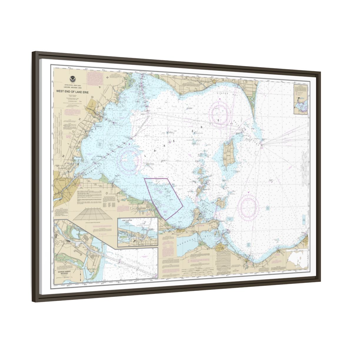 Chart 14830 West End of Lake Erie; Port Clinton Harbor; Monroe Harbor; Lorain to Detroit River; Vermilion - NOAA Nautical Chart Floating Frame Canvas | 30" x 20" | 36" x 24" | 48" x 32" - Espresso side