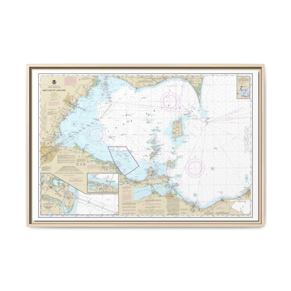 Chart 14830 West End of Lake Erie; Port Clinton Harbor; Monroe Harbor; Lorain to Detroit River; Vermilion - NOAA Nautical Chart Floating Frame Canvas | 30" x 20" | 36" x 24" | 48" x 32" - Natural front