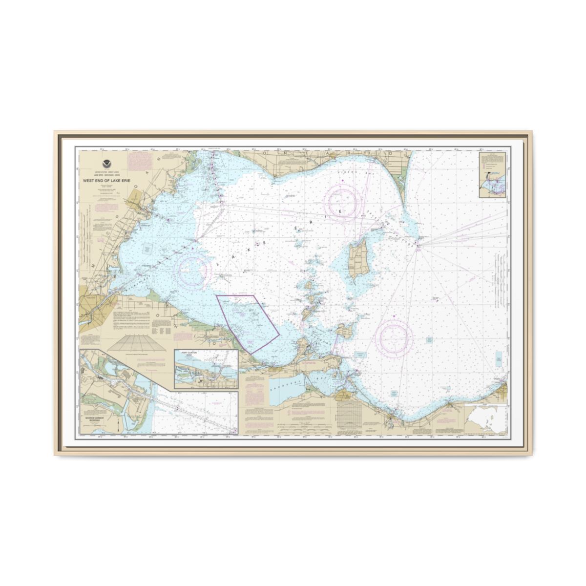 Chart 14830 West End of Lake Erie; Port Clinton Harbor; Monroe Harbor; Lorain to Detroit River; Vermilion - NOAA Nautical Chart Floating Frame Canvas | 30" x 20" | 36" x 24" | 48" x 32" - Natural front