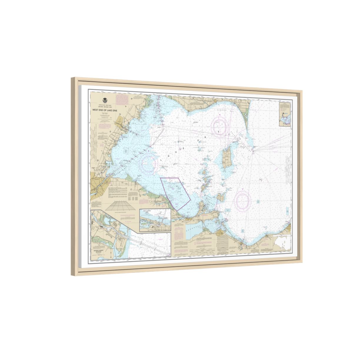 Chart 14830 West End of Lake Erie; Port Clinton Harbor; Monroe Harbor; Lorain to Detroit River; Vermilion - NOAA Nautical Chart Floating Frame Canvas | 30" x 20" | 36" x 24" | 48" x 32" - Natural side