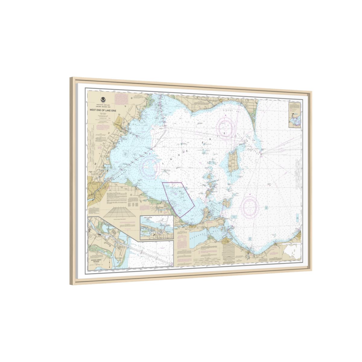 Chart 14830 West End of Lake Erie; Port Clinton Harbor; Monroe Harbor; Lorain to Detroit River; Vermilion - NOAA Nautical Chart Floating Frame Canvas | 30" x 20" | 36" x 24" | 48" x 32" - Natural side