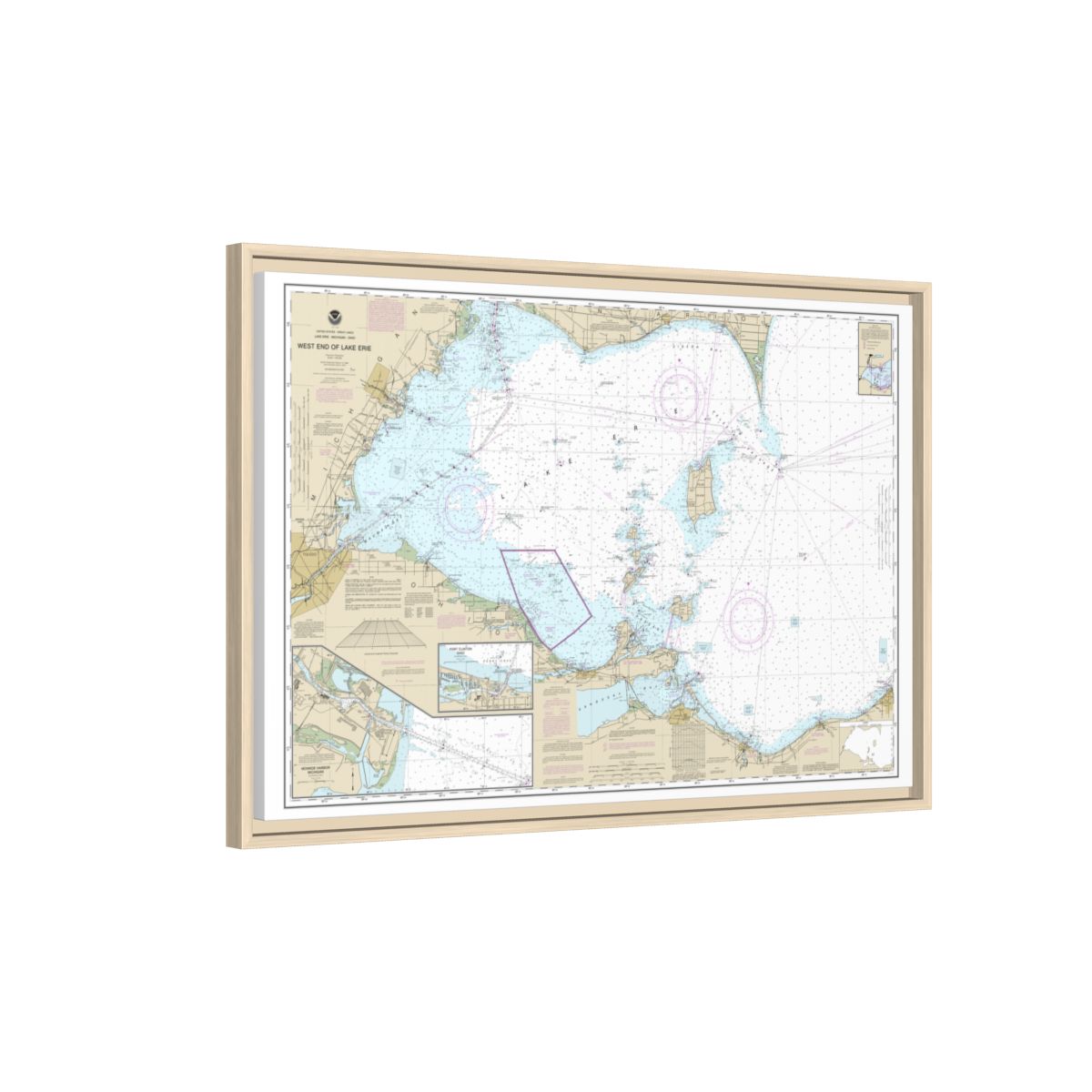 Chart 14830 West End of Lake Erie; Port Clinton Harbor; Monroe Harbor; Lorain to Detroit River; Vermilion - NOAA Nautical Chart Floating Frame Canvas | 30" x 20" | 36" x 24" | 48" x 32" - Natural side