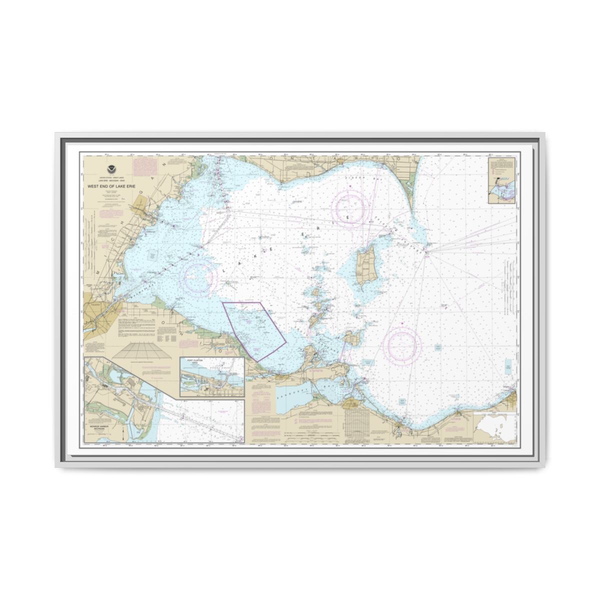 Chart 14830 West End of Lake Erie; Port Clinton Harbor; Monroe Harbor; Lorain to Detroit River; Vermilion - NOAA Nautical Chart Floating Frame Canvas | 30" x 20" | 36" x 24" | 48" x 32" - White front