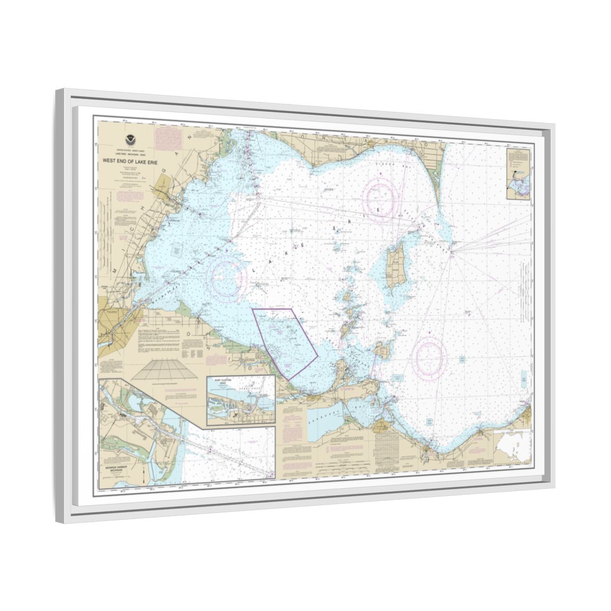 Chart 14830 West End of Lake Erie; Port Clinton Harbor; Monroe Harbor; Lorain to Detroit River; Vermilion - NOAA Nautical Chart Floating Frame Canvas | 30" x 20" | 36" x 24" | 48" x 32" - White side