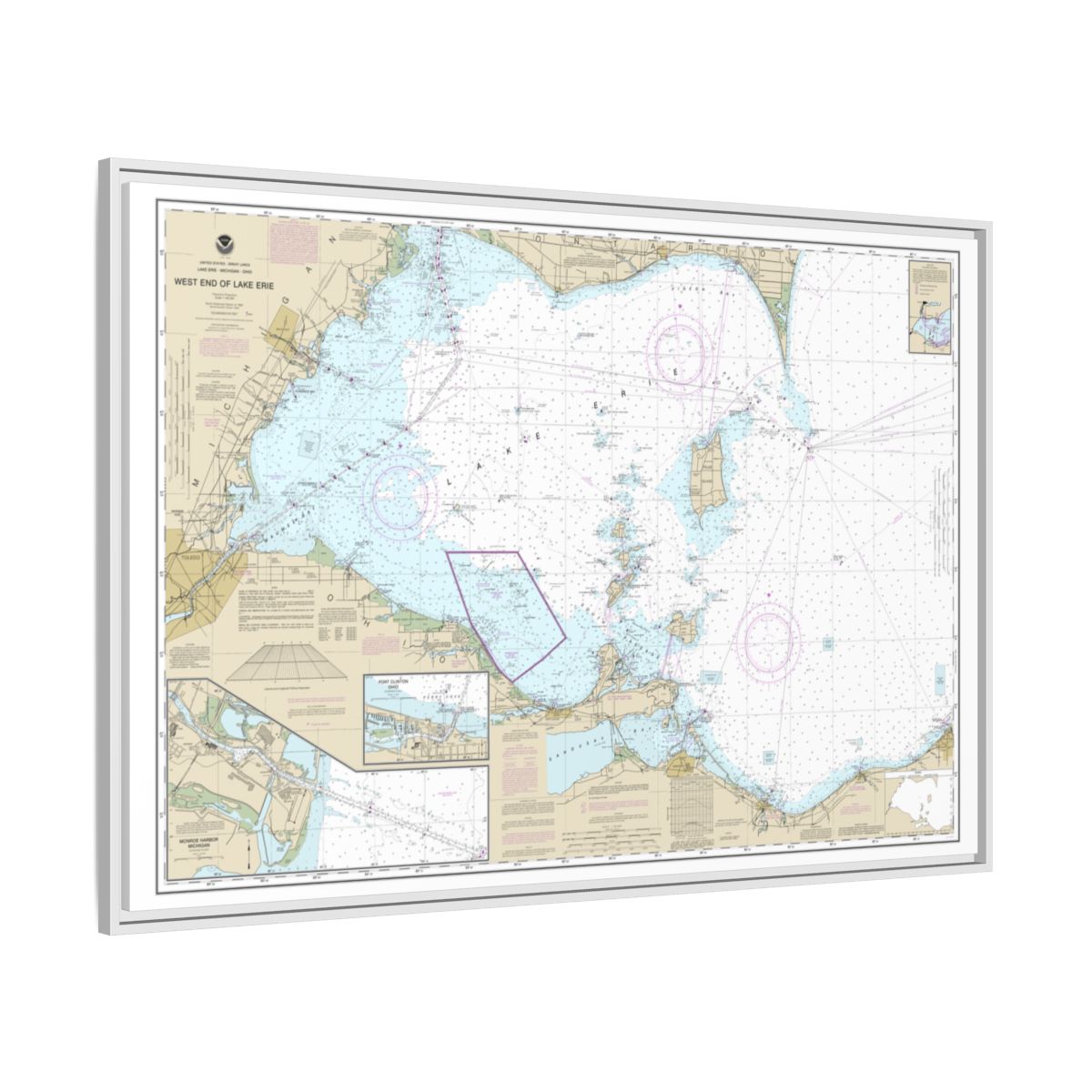 Chart 14830 West End of Lake Erie; Port Clinton Harbor; Monroe Harbor; Lorain to Detroit River; Vermilion - NOAA Nautical Chart Floating Frame Canvas | 30" x 20" | 36" x 24" | 48" x 32" - White side