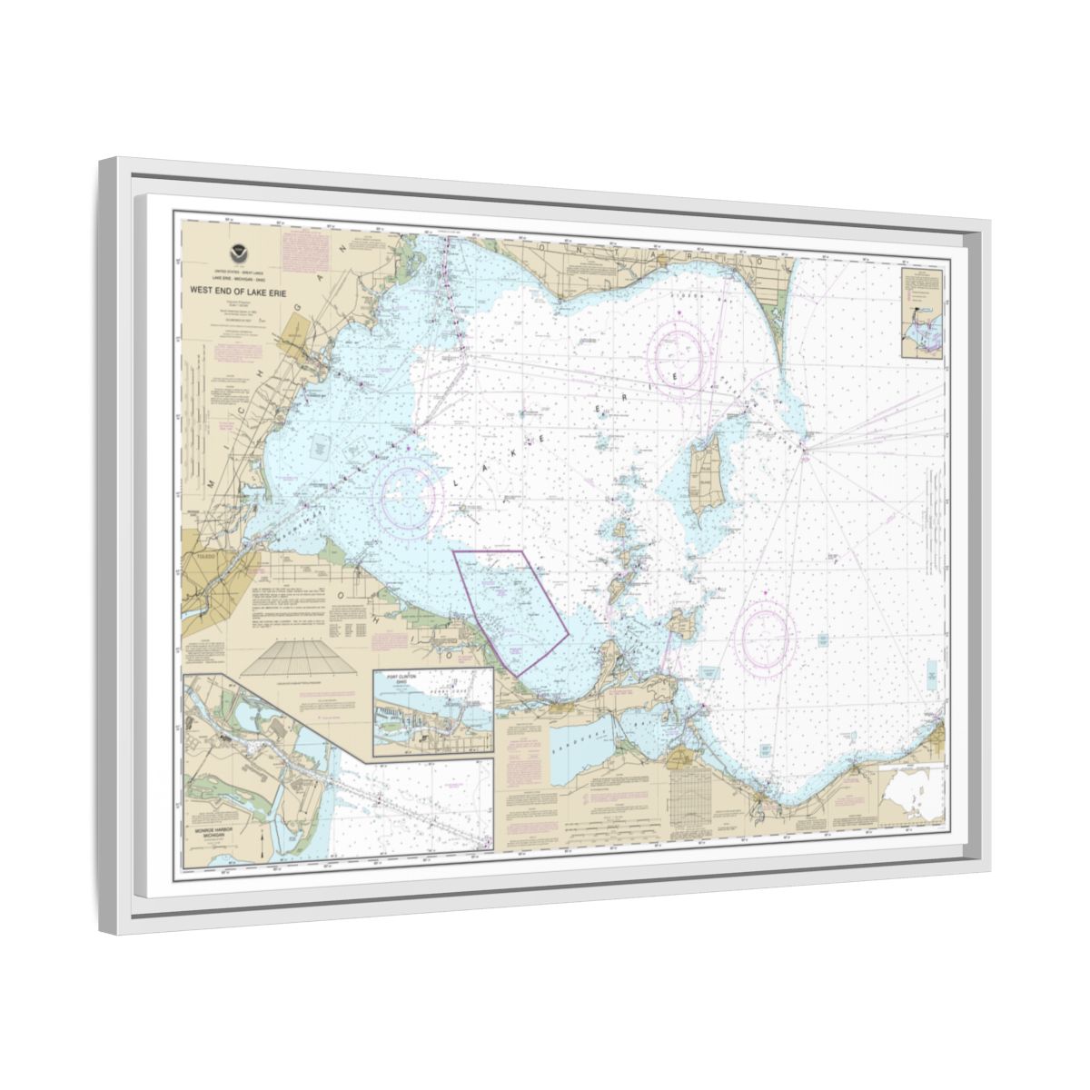 Chart 14830 West End of Lake Erie; Port Clinton Harbor; Monroe Harbor; Lorain to Detroit River; Vermilion - NOAA Nautical Chart Floating Frame Canvas | 30" x 20" | 36" x 24" | 48" x 32" - White side