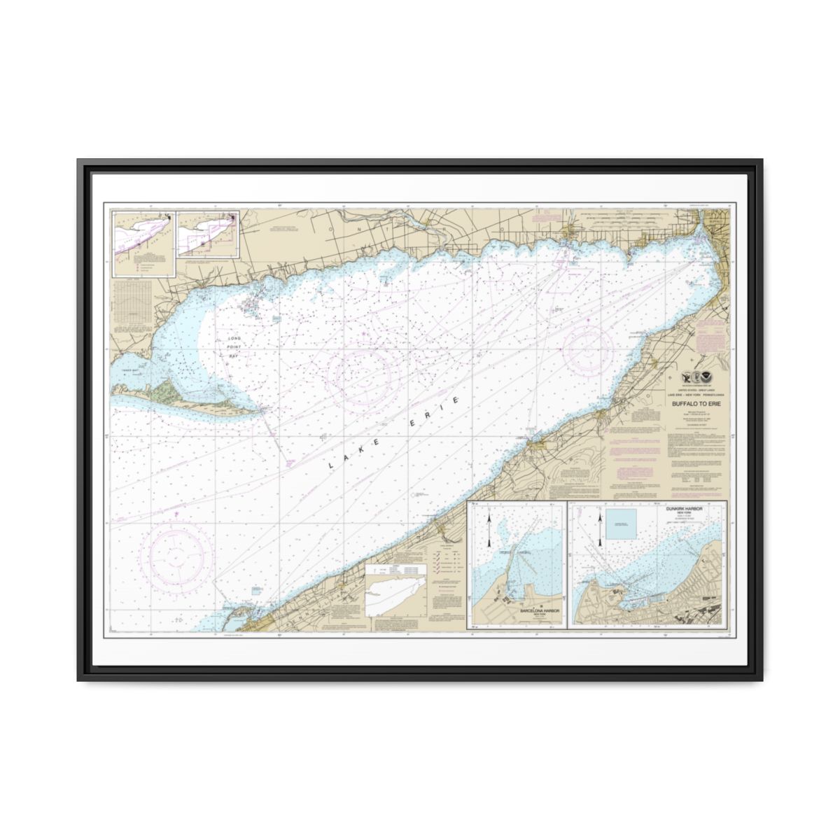 Chart 14838 Buffalo to Erie;Dunkirk;Barcelone Harbor - NOAA Nautical Chart Floating Frame Canvas | 32" x 24" | 40" x 30" - Black front