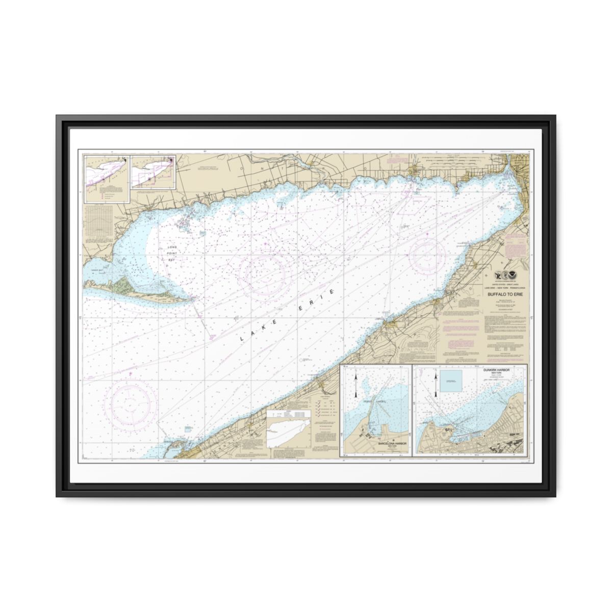 Chart 14838 Buffalo to Erie;Dunkirk;Barcelone Harbor - NOAA Nautical Chart Floating Frame Canvas | 32" x 24" | 40" x 30" - Black front