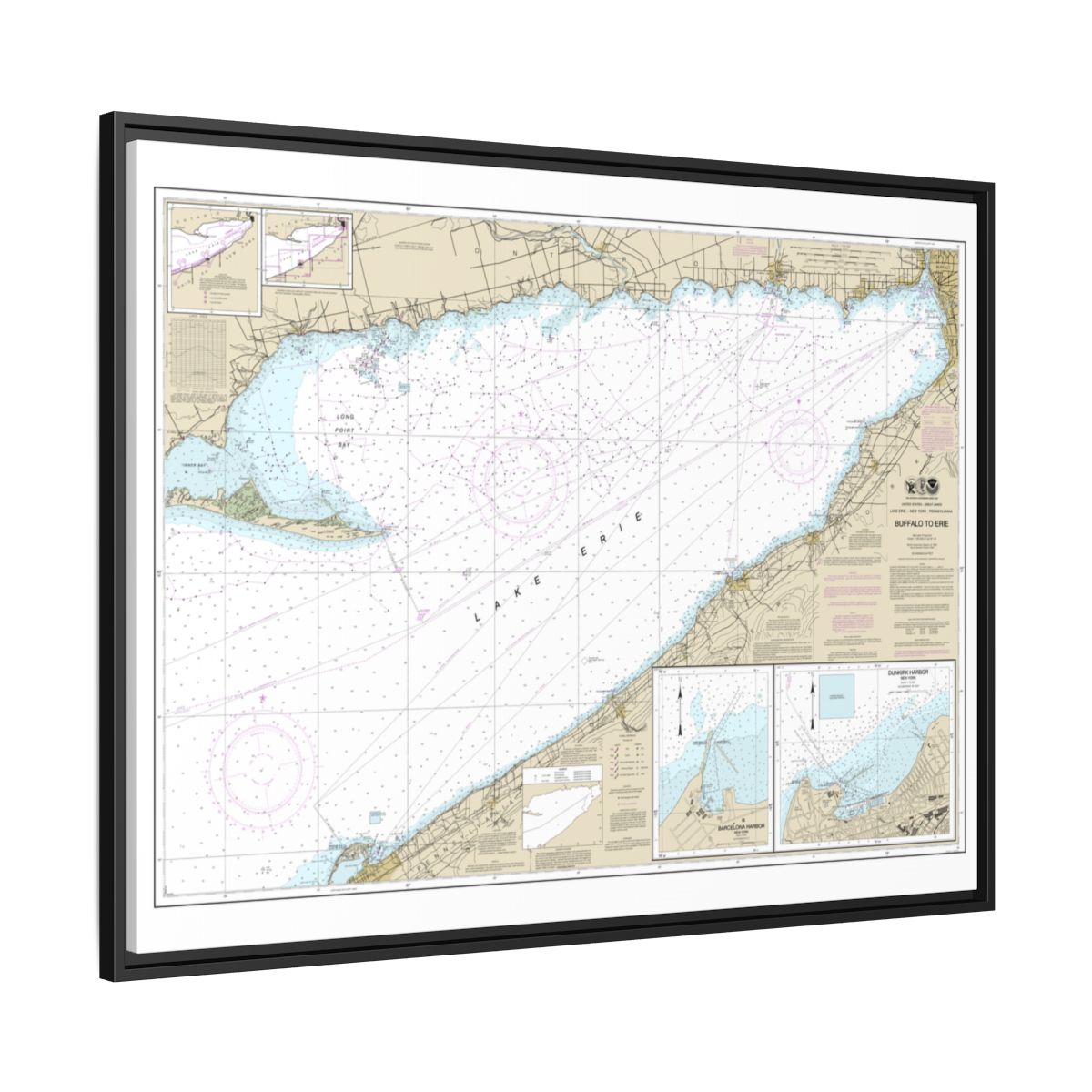 Chart 14838 Buffalo to Erie;Dunkirk;Barcelone Harbor - NOAA Nautical Chart Floating Frame Canvas | 32" x 24" | 40" x 30" - Black side