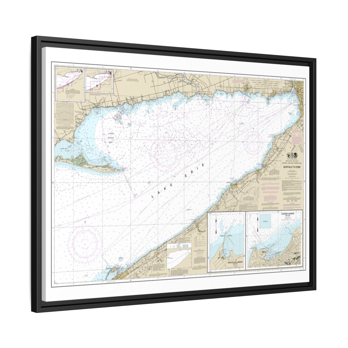 Chart 14838 Buffalo to Erie;Dunkirk;Barcelone Harbor - NOAA Nautical Chart Floating Frame Canvas | 32" x 24" | 40" x 30" - Black side