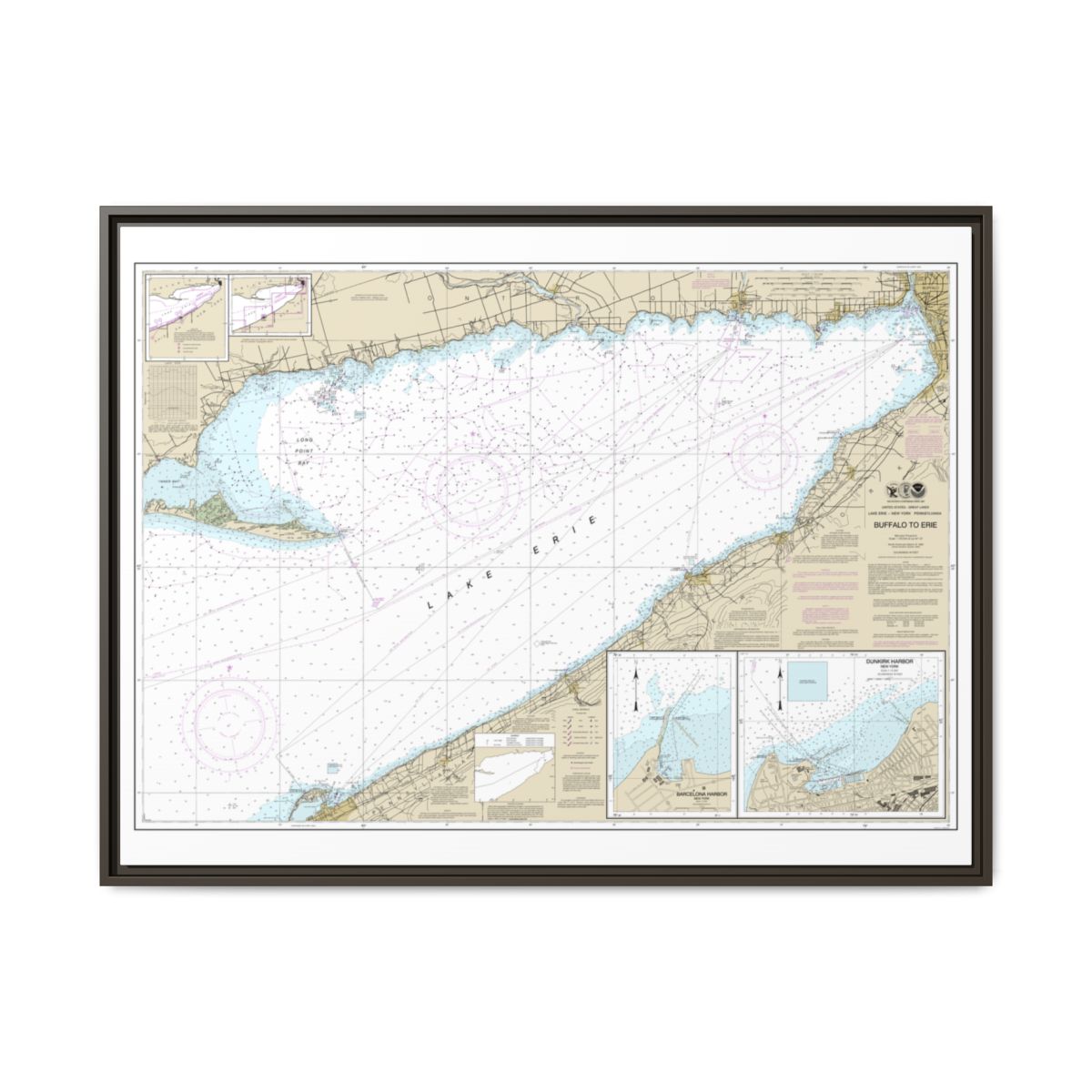 Chart 14838 Buffalo to Erie;Dunkirk;Barcelone Harbor - NOAA Nautical Chart Floating Frame Canvas | 32" x 24" | 40" x 30" - Espresso front