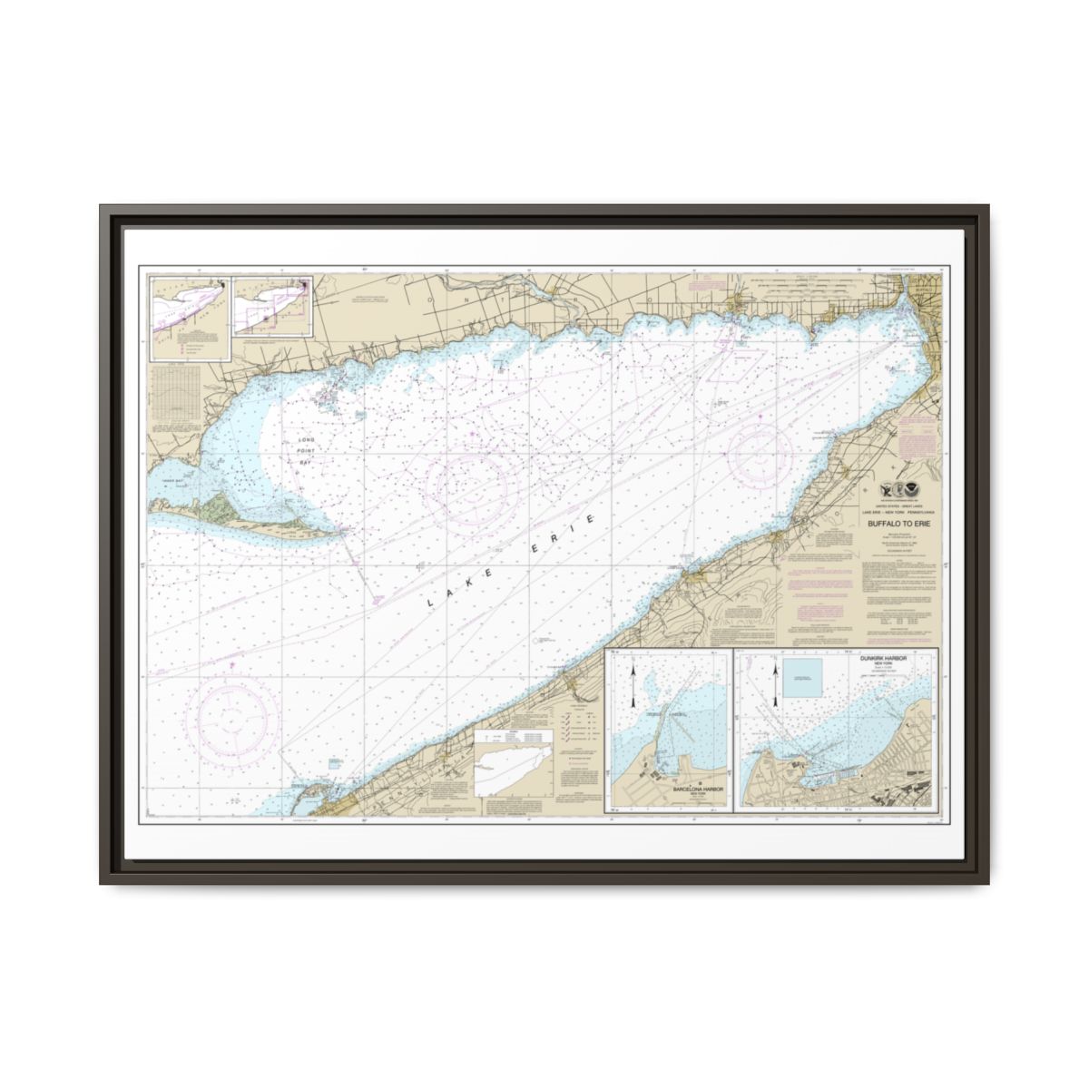 Chart 14838 Buffalo to Erie;Dunkirk;Barcelone Harbor - NOAA Nautical Chart Floating Frame Canvas | 32" x 24" | 40" x 30" - Espresso front