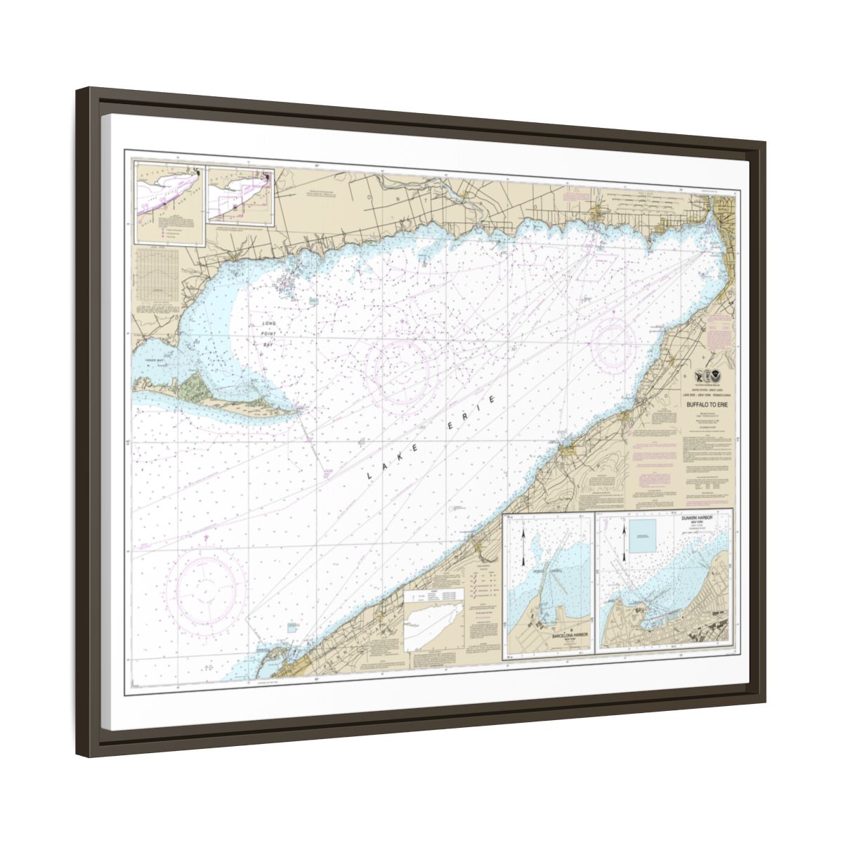Chart 14838 Buffalo to Erie;Dunkirk;Barcelone Harbor - NOAA Nautical Chart Floating Frame Canvas | 32" x 24" | 40" x 30" - Espresso side