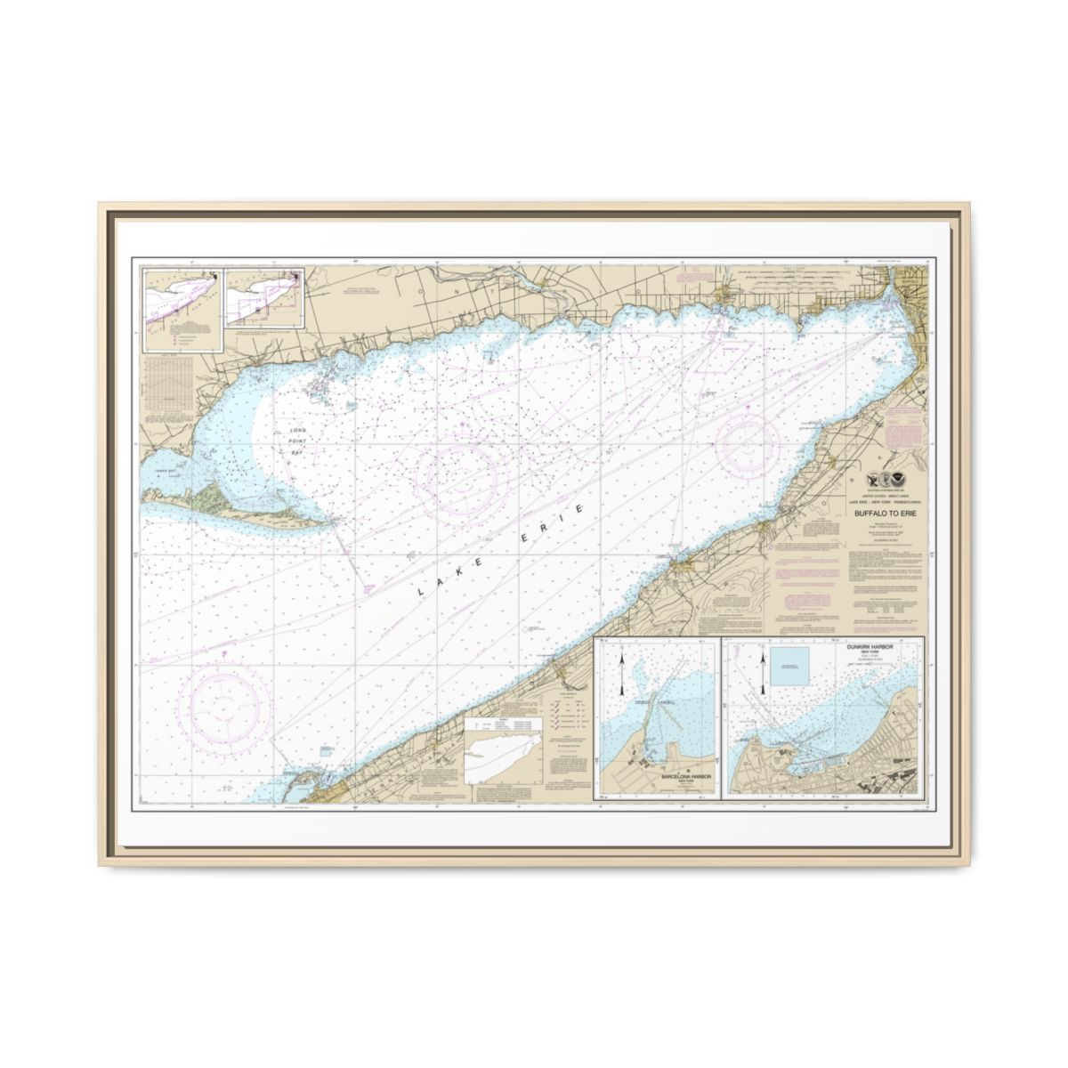Chart 14838 Buffalo to Erie;Dunkirk;Barcelone Harbor - NOAA Nautical Chart Floating Frame Canvas | 32" x 24" | 40" x 30" - Natural front