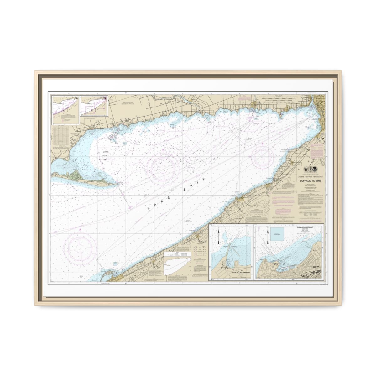 Chart 14838 Buffalo to Erie;Dunkirk;Barcelone Harbor - NOAA Nautical Chart Floating Frame Canvas | 32" x 24" | 40" x 30" - Natural front