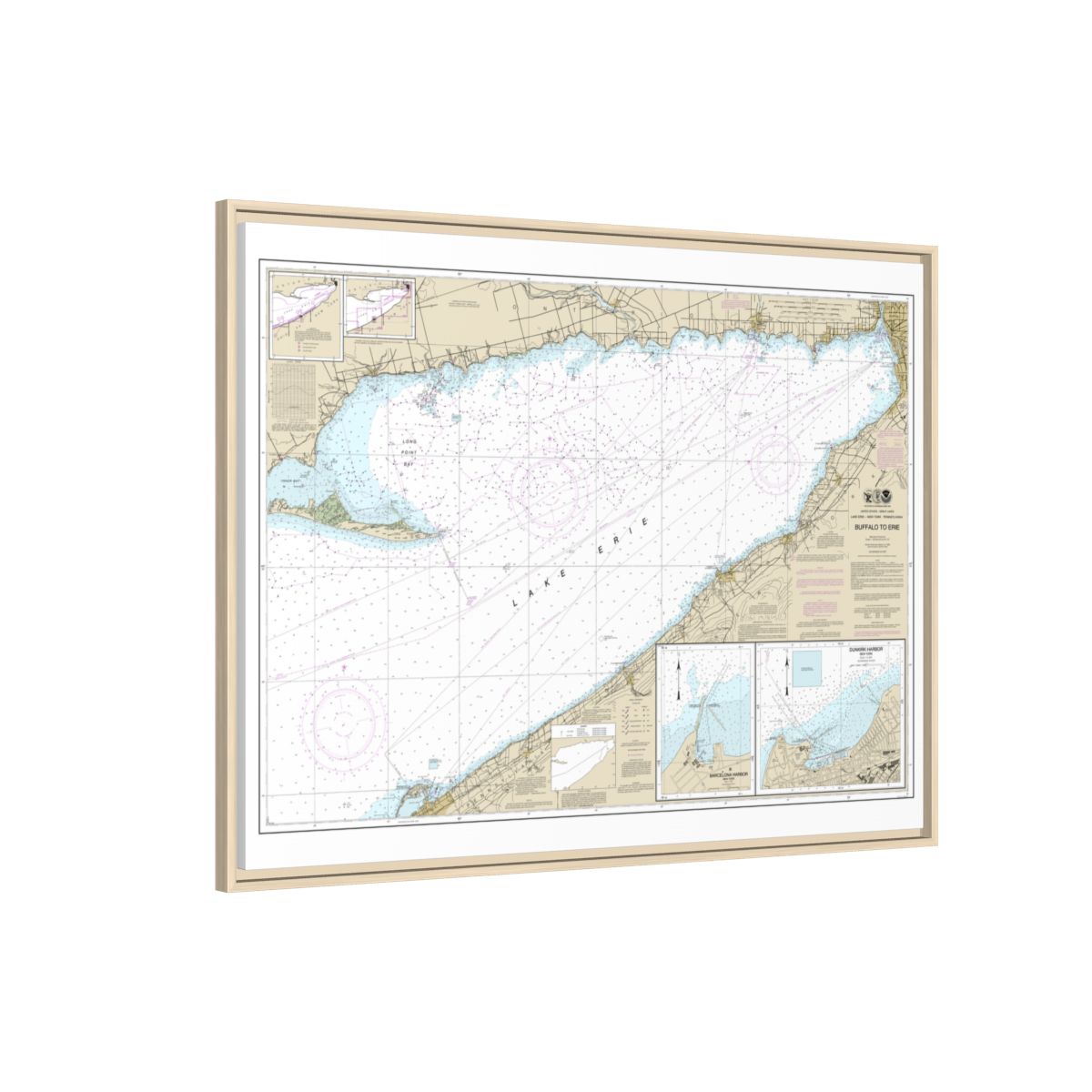 Chart 14838 Buffalo to Erie;Dunkirk;Barcelone Harbor - NOAA Nautical Chart Floating Frame Canvas | 32" x 24" | 40" x 30" - Natural side