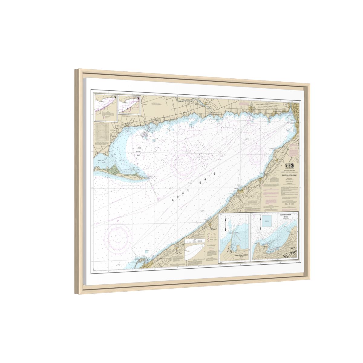 Chart 14838 Buffalo to Erie;Dunkirk;Barcelone Harbor - NOAA Nautical Chart Floating Frame Canvas | 32" x 24" | 40" x 30" - Natural side