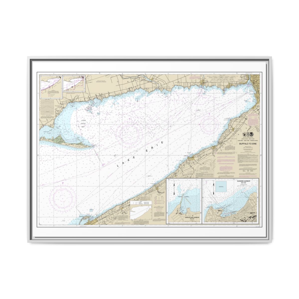 Chart 14838 Buffalo to Erie;Dunkirk;Barcelone Harbor - NOAA Nautical Chart Floating Frame Canvas | 32" x 24" | 40" x 30" - White front